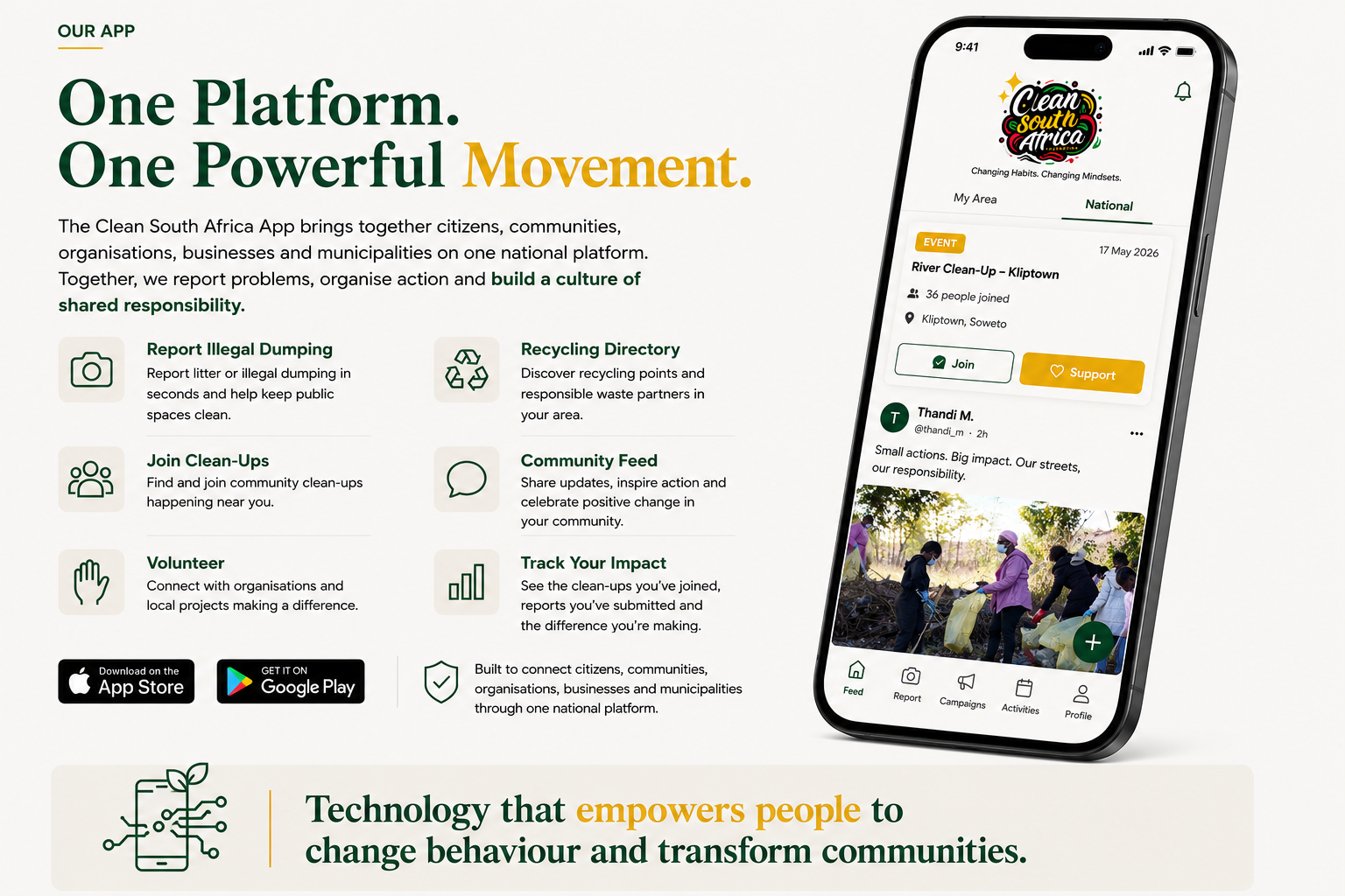 The Clean South Africa app — report illegal dumping, join clean-ups, volunteer, and track your impact
