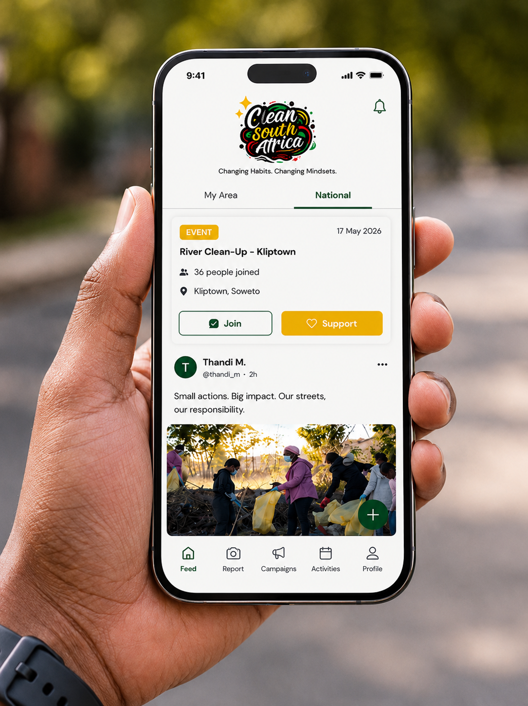 The Clean South Africa app — report illegal dumping, join clean-ups, volunteer, and track your impact