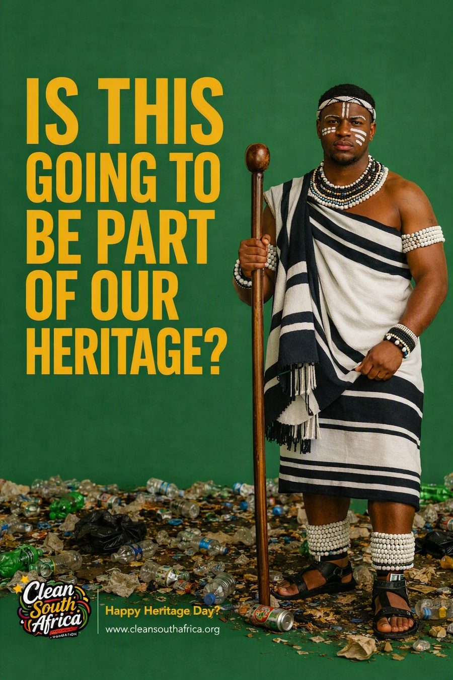 A man in traditional Xhosa dress holds a ceremonial staff while standing among scattered litter, beside the text ‘Is this going to be part of our heritage?’ — Clean South Africa Heritage Month campaign.
