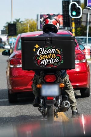 A motorcyclist carries a branded Clean South Africa delivery box through Johannesburg traffic.
